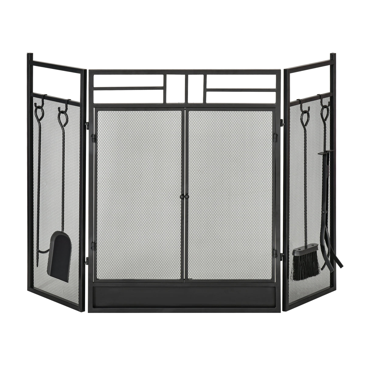 Pare-feu Large pour cheminée ou poêle - Pare-étincelles serviteur de cheminée 2 en 1 avec Accessoires - 3 Volets Pliables et Porte - Acier métal Noir-0