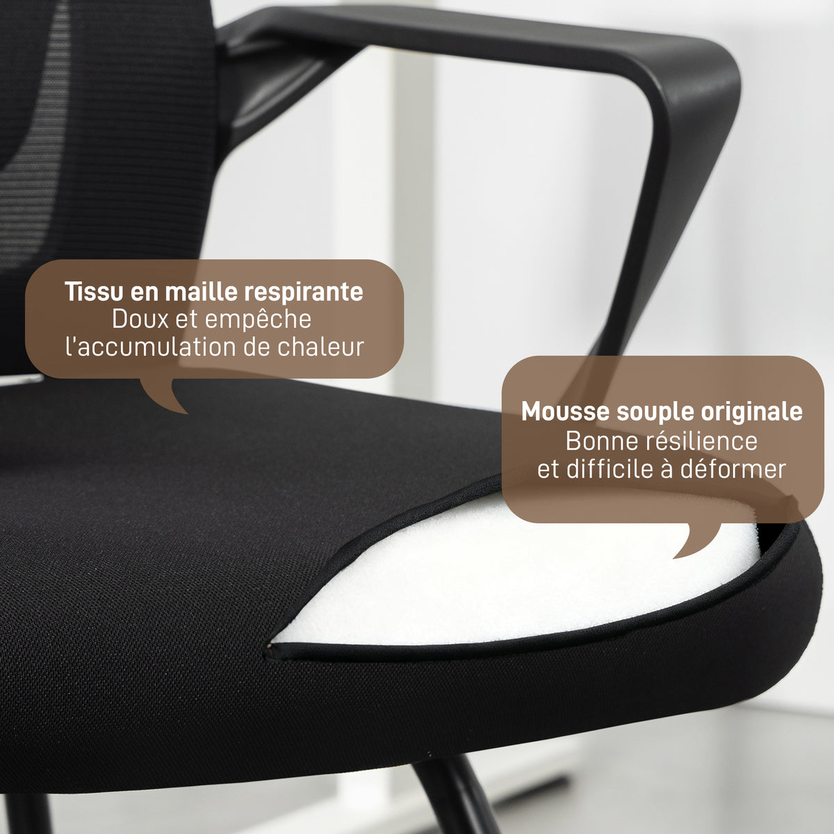 Chaise de bureau ergonomique sans roulettes, chaise de conférence avec dossier en maille, soutien lombaire, noir-4