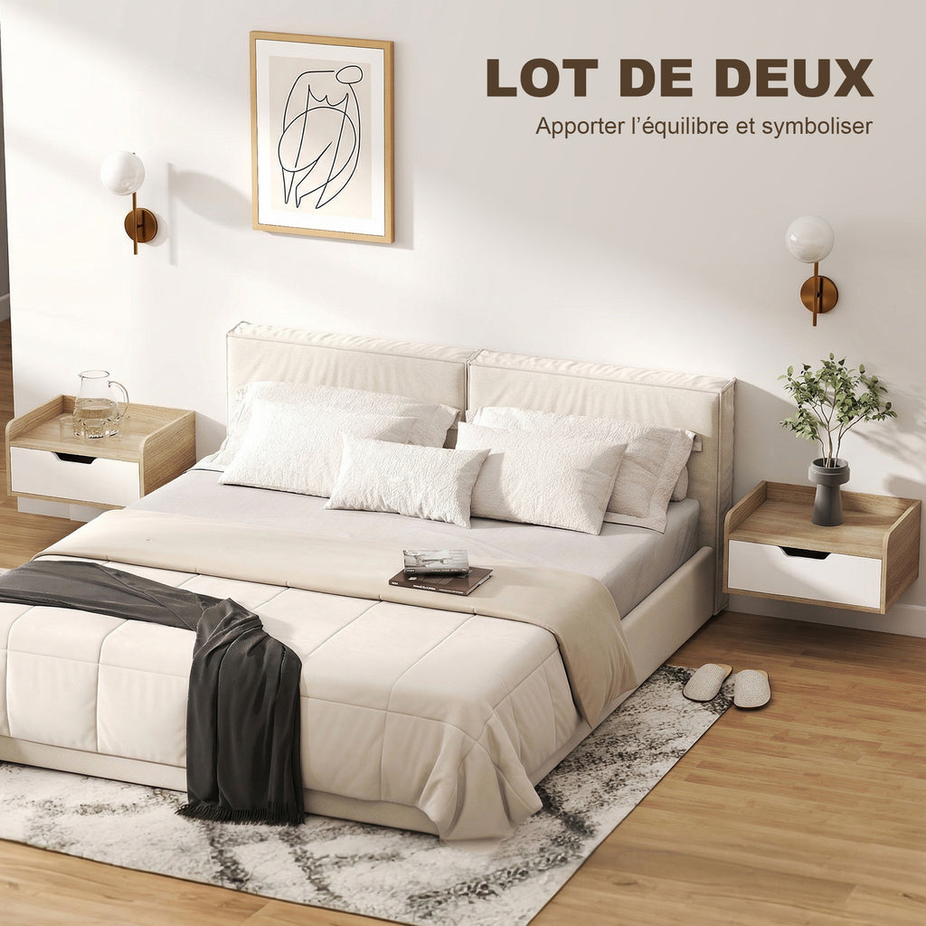 Lot de 2 tables de chevet murales, tables de nuit avec tiroir et plateau à rebords surélevés, 40x30x19,5cm, bois naturel-3