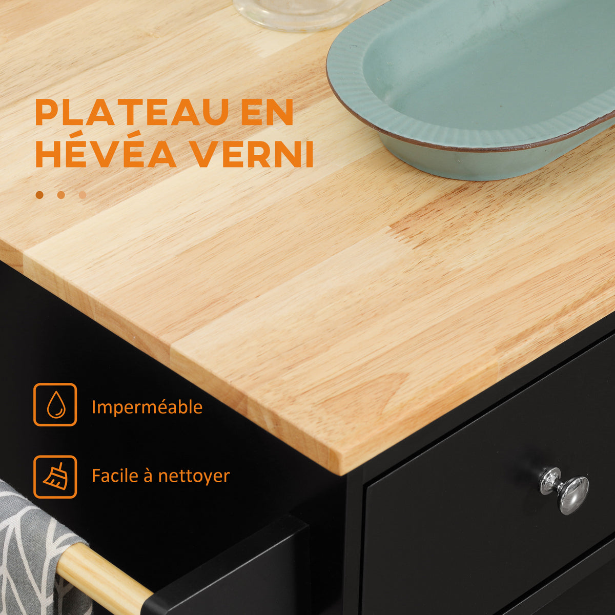 Desserte de cuisine ilôt cuisine avec plan de travail étagère range-bouteilles porte-torchons 2 tiroirs placard 2 portes MDF noir hévéa-4