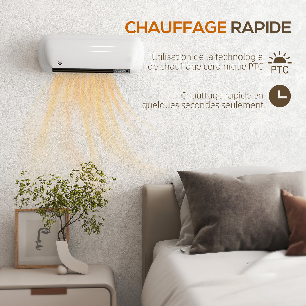 Chauffage mural en céramique 1000/2000W, radiateur électrique, ventilateur, thermostat, minuterie, 50x19x14cm, blanc-3