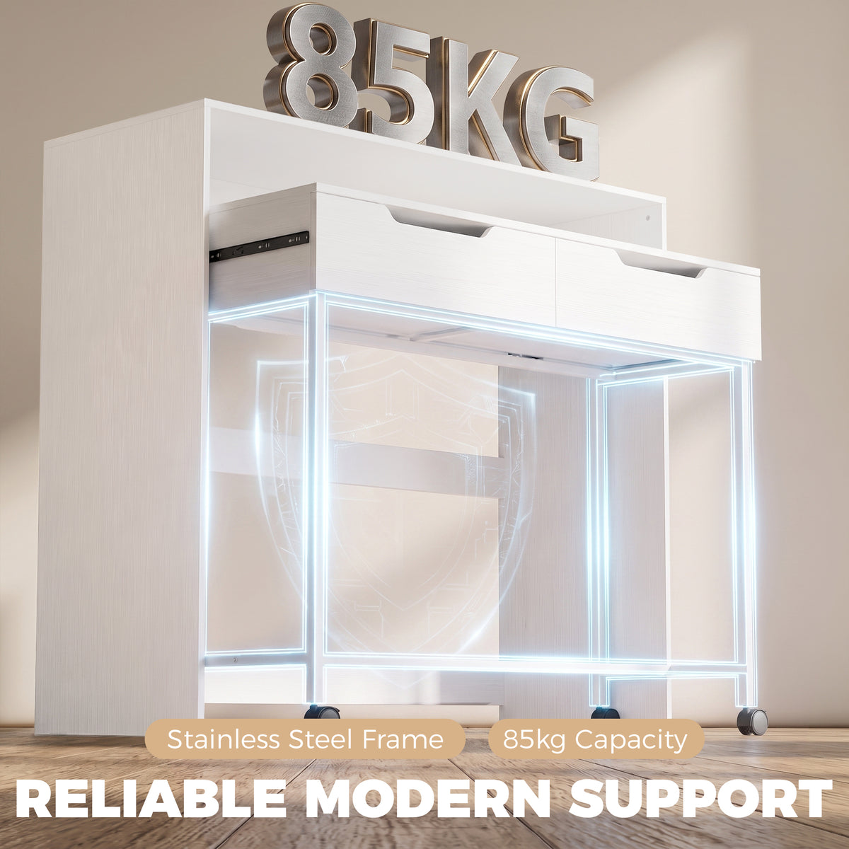 Bureau d'Ordinateur Extensible 100 cm avec 2 Tiroirs, Bureau avec Rangement, Style Moderne, Blanc-8