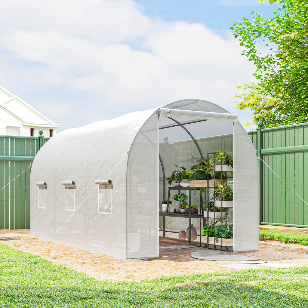Serre tunnel de jardin 7m², serre de jardin tunnel avec porte et 6 fenêtres, bâche PE 140 g/m² 350 x 200 x 200 cm blanc-9