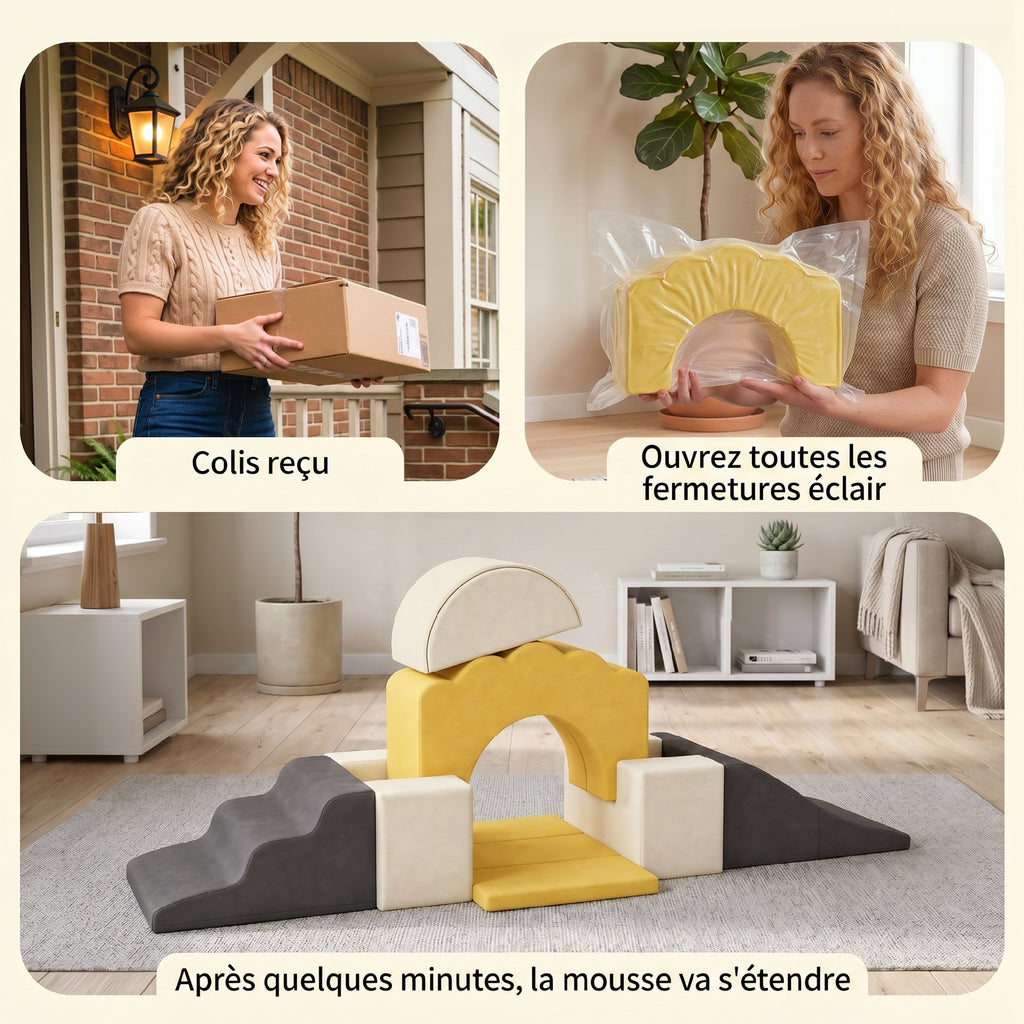 Parcours motricité bébé blocs mousse éducatifs modulables 7 pièces housse lavable en velours base antidérapante jaune-6