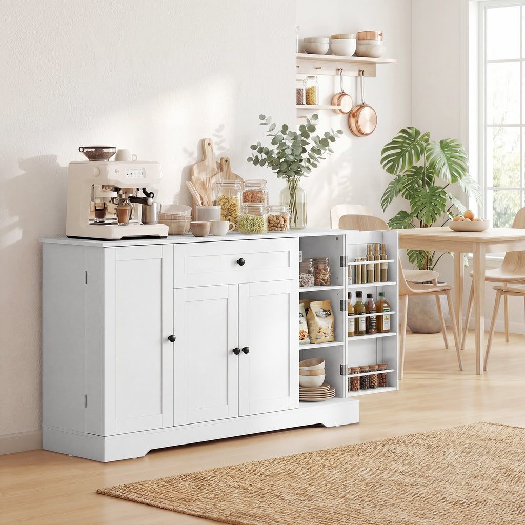Buffet cuisine, meuble de rangement avec tiroir, 4 portes à fermeture douce, racks-porte et étagères réglables, blanc-9