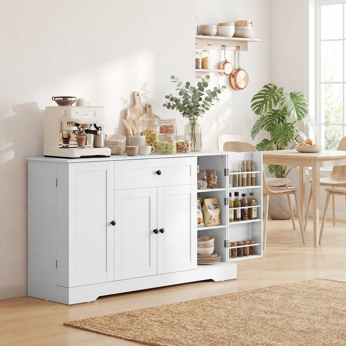 Buffet cuisine, meuble de rangement avec tiroir, 4 portes à fermeture douce, racks-porte et étagères réglables, blanc-9