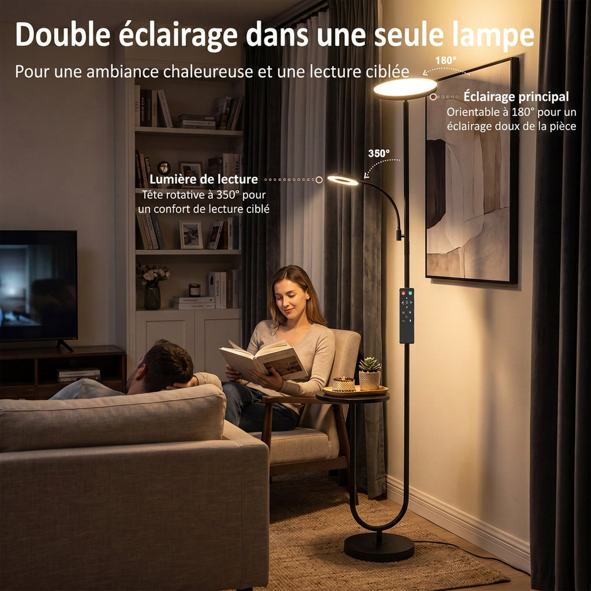 Lampadaire LED Dimmable 42W 4840LM Liseuse Réglable et Tablette Lampadaire sur Pied Salon 2700K-6000K Télécommande Noir-4