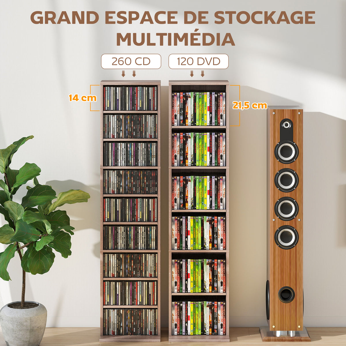 Rangements pour CD et DVD 9 compartiments et 6 étagères réglables capacité max. 260 CD/120 DVD 33 x 24 x 140 cm bois naturel-3