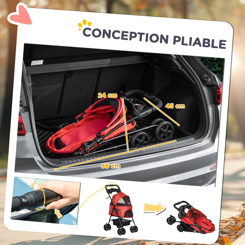 Poussette buggy pliable chien chat panier rangement porte-gobelets tissu 300D Oxford imperméable 4 roues rouge-4