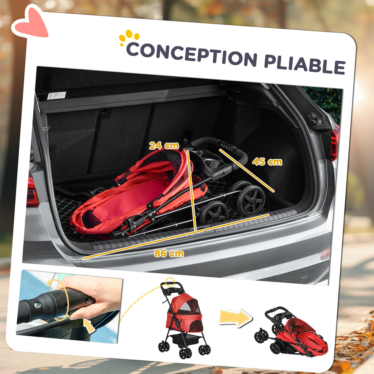 Poussette buggy pliable chien chat panier rangement porte-gobelets tissu 300D Oxford imperméable 4 roues rouge-4