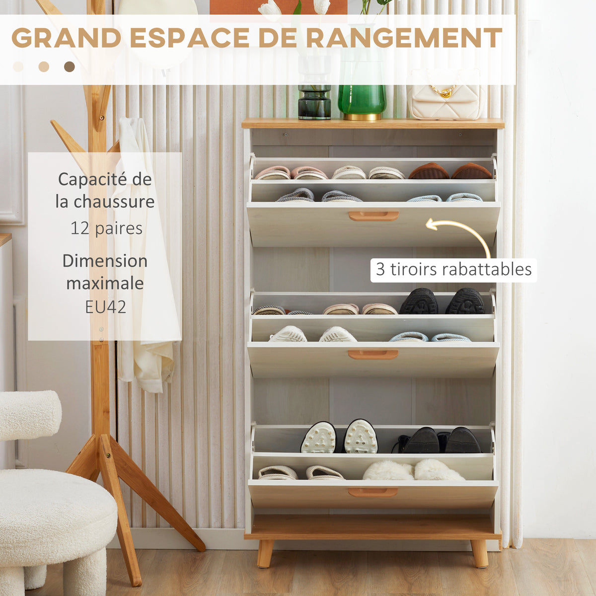 Meuble à chaussures style scandinave 3 abattants 70 x 23,5 x 122 cm blanc-3