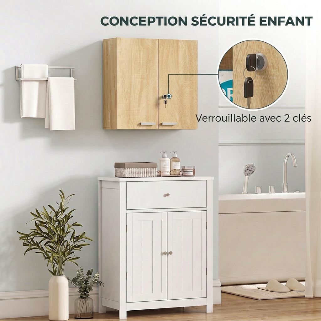 Armoire à pharmacie murale, armoire à médicaments avec double porte verrouillable 2 clés, 53x20x53cm, chêne-4