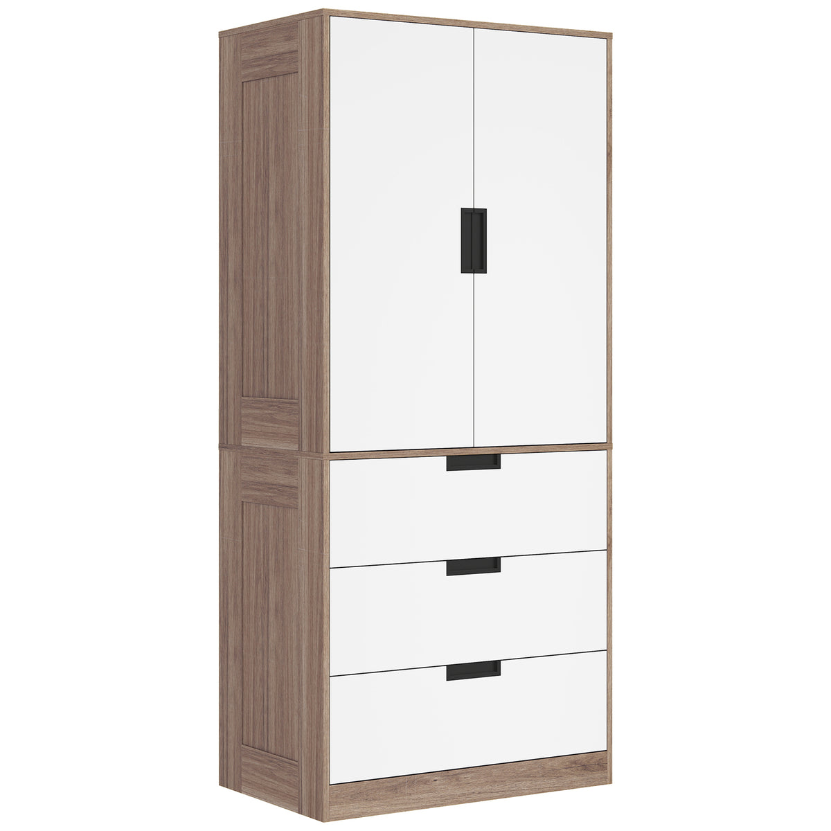 Armoire 2 portes, armoire moderne avec 3 tiroirs et tringle de suspension pour chambre à coucher, marron-0