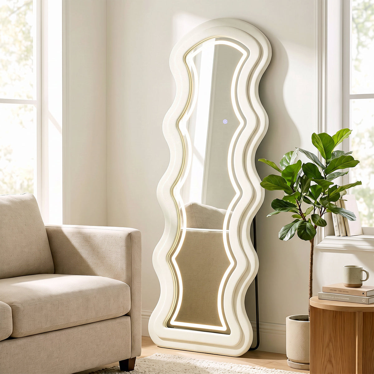 Miroir Pleine Longueur Ondulé 160 x 60 cm, LED 3 Couleurs, Cadre Effet Velours, Verre Trempé HD, Crème-1