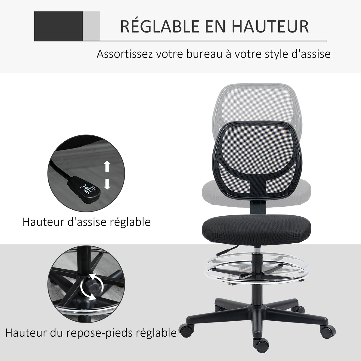 Chaise de bureau assise haute en maille hauteur réglable 50-70 cm avec repose-pied pivotant 360° noir-3