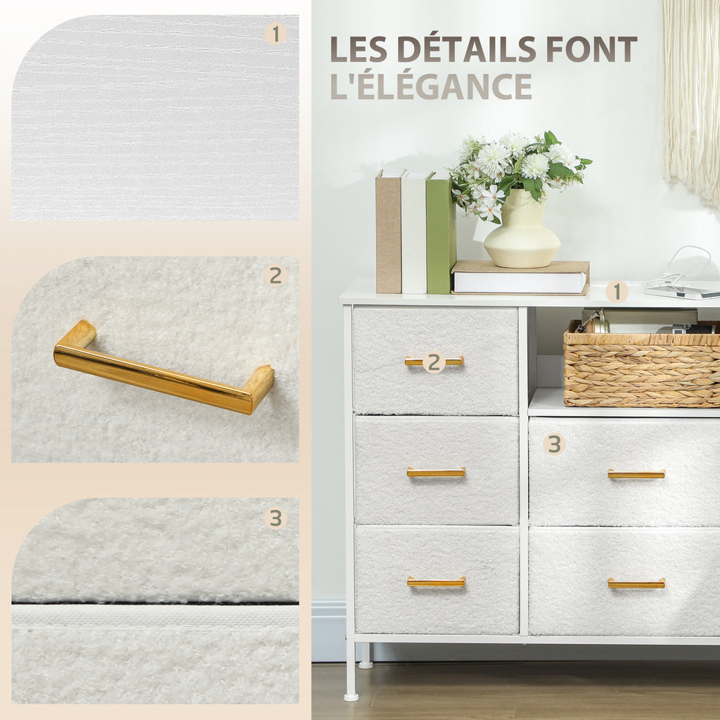 Commode 8 tiroirs en tissu bouclette, meuble de rangement avec 2 prises de courant, structure en acier 110x30x76cm crème-4