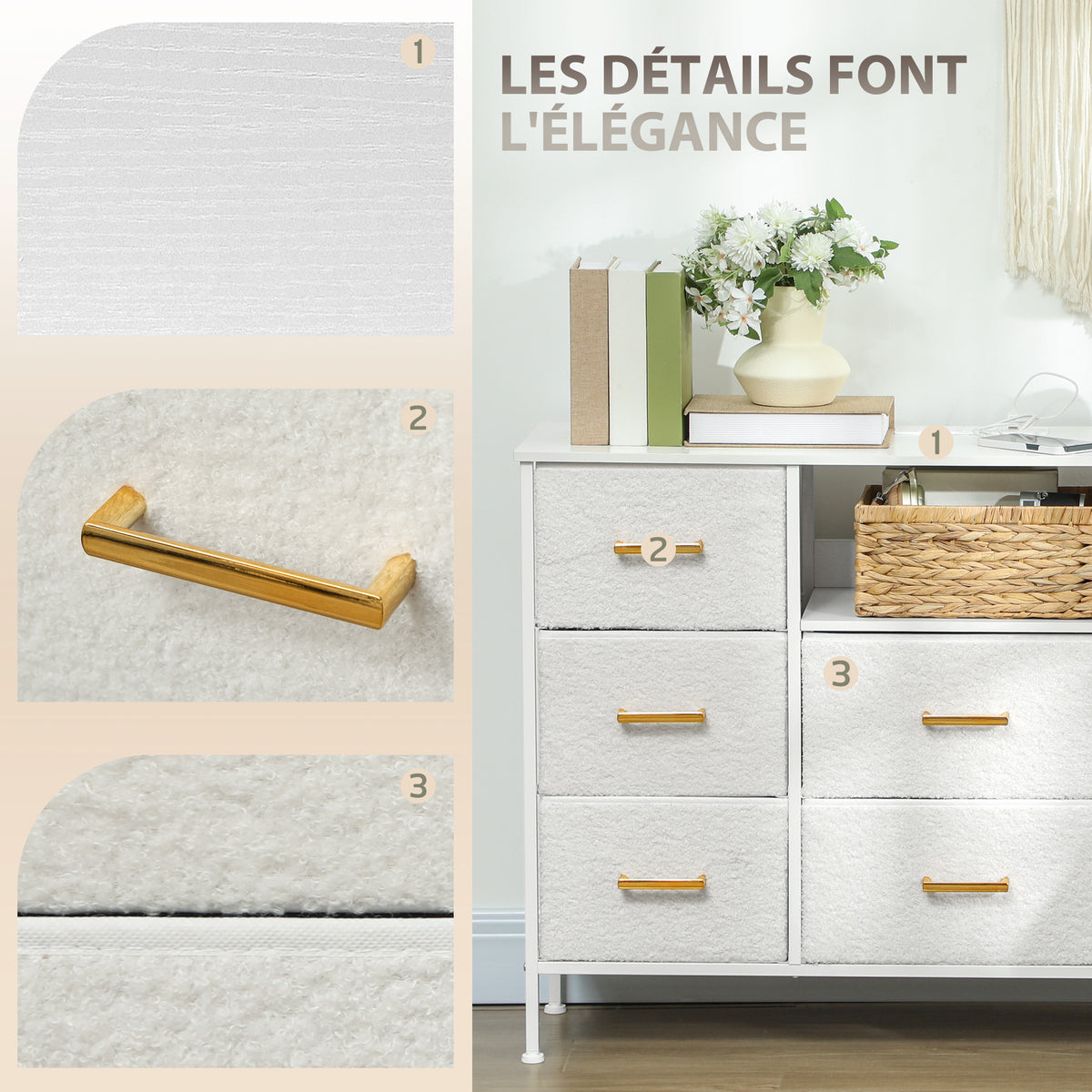 Commode 8 tiroirs en tissu bouclette, meuble de rangement avec 2 prises de courant, structure en acier 110x30x76cm crème-4