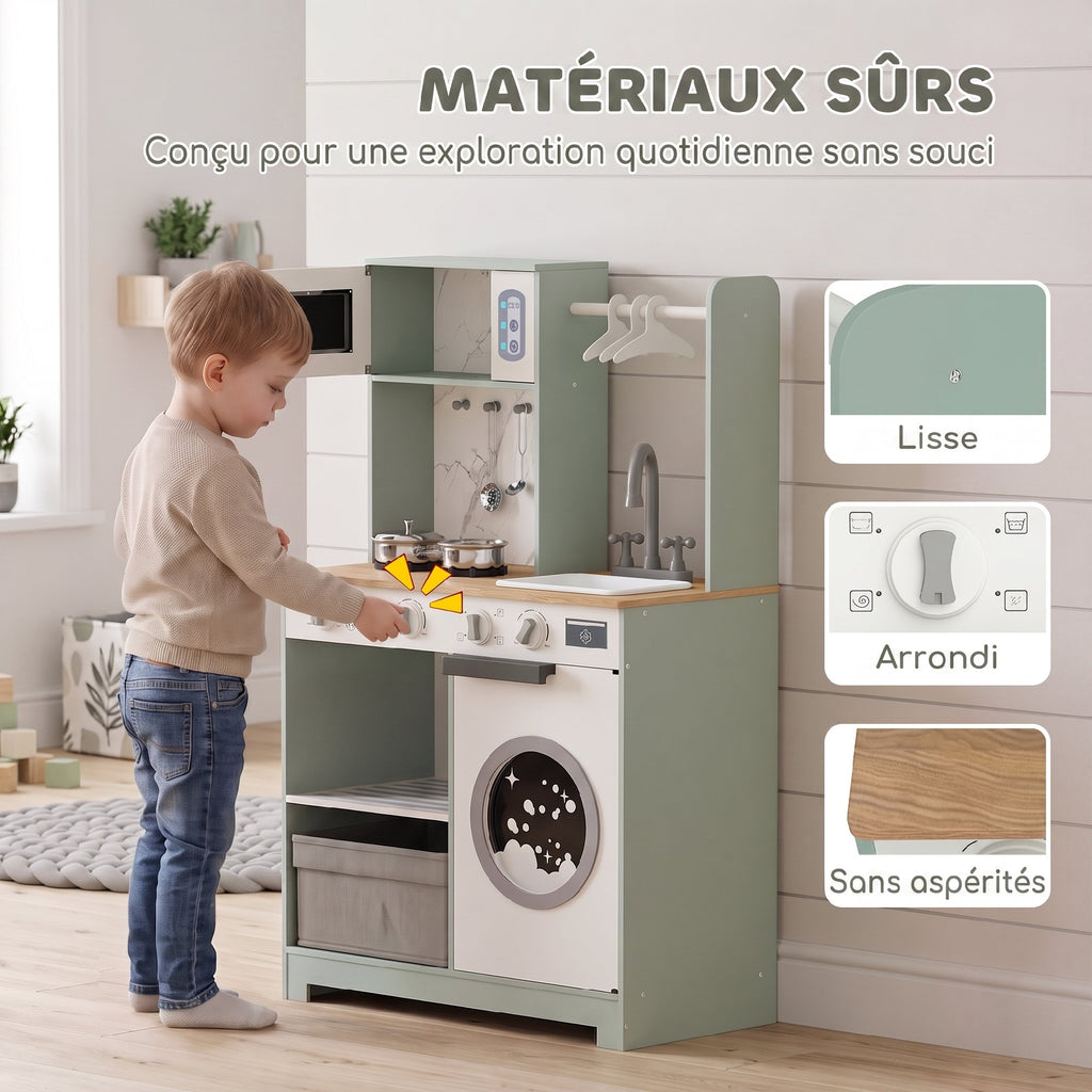Cuisine enfant jouet d'imitation, dinette enfant avec cuisinière, évier, micro-ondes, 5 accessoires, vert-5