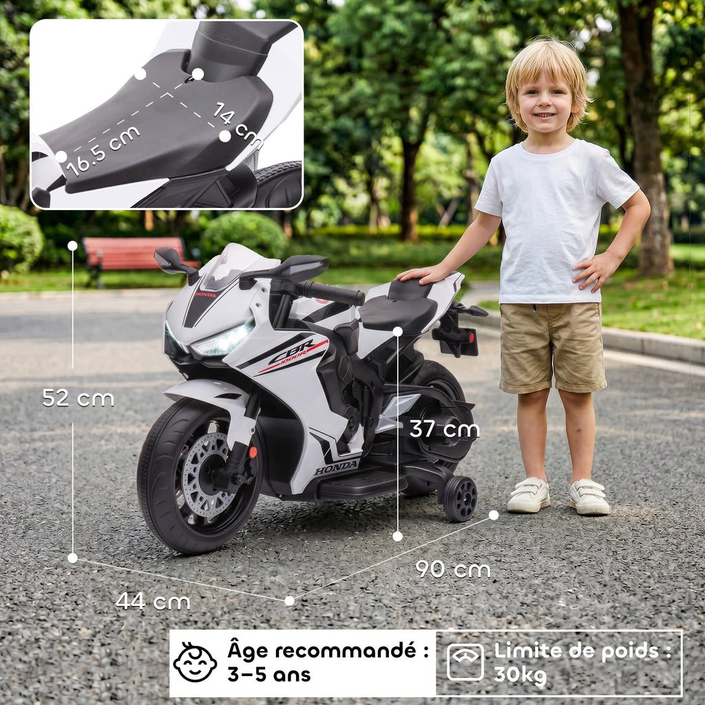 Moto Électrique Enfants sous Licence HONDA 6 V, 3 Km/h, Musique & Lumière, 2 Roues d'Entraînement, Blanc-2