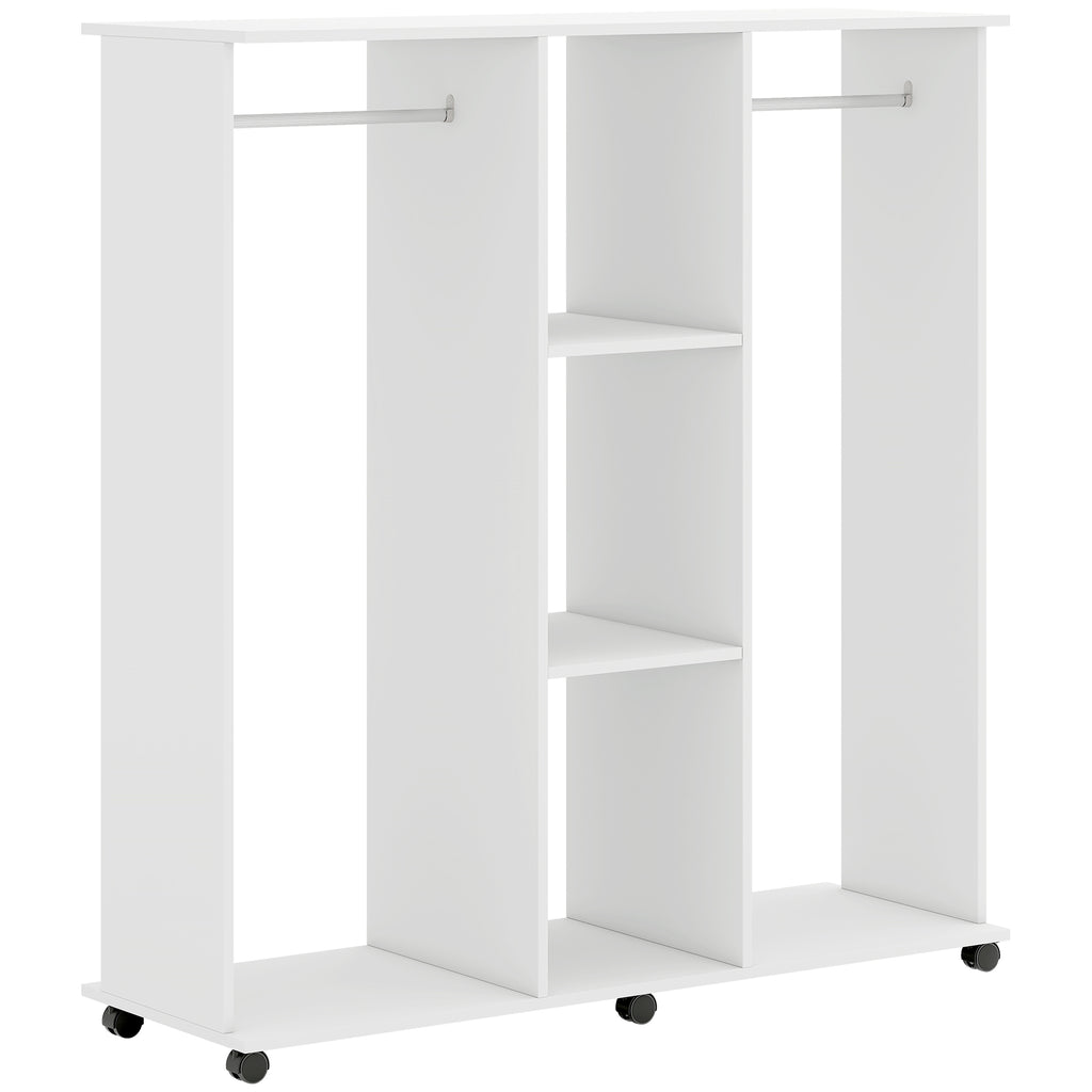 Armoire penderie meuble de rangement mobile 6 roulettes 120 x 40 x 128 cm en bois blanc-0