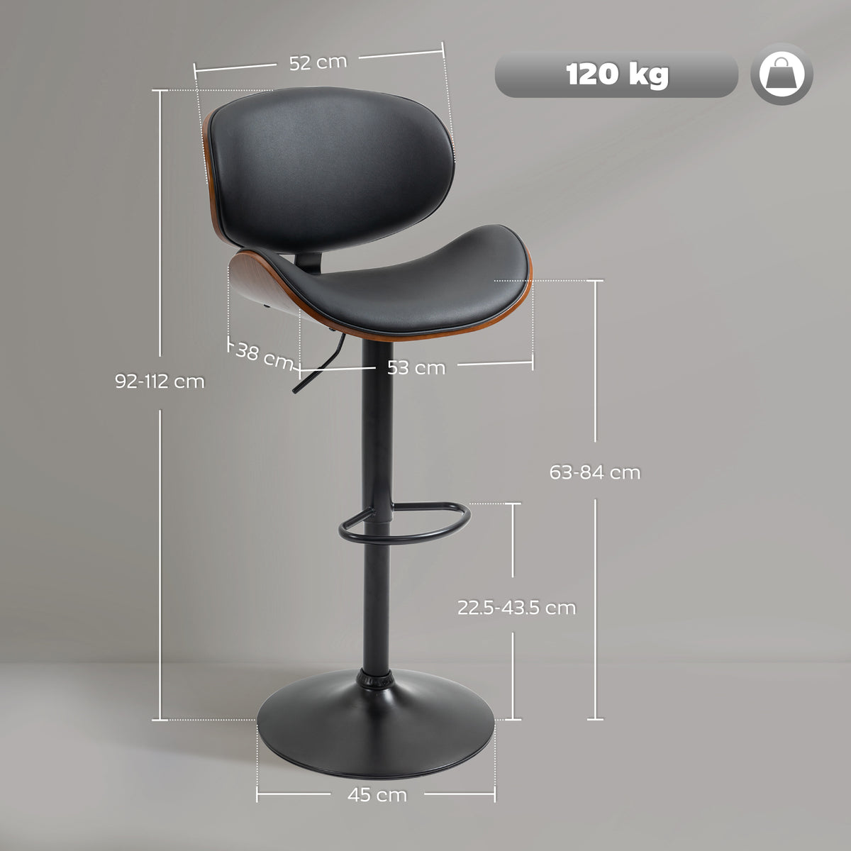 Lot de 2 chaises de bar tabouret hauteur réglable revêtement synthétique 53 x 52 x 92-112 cm noir-2
