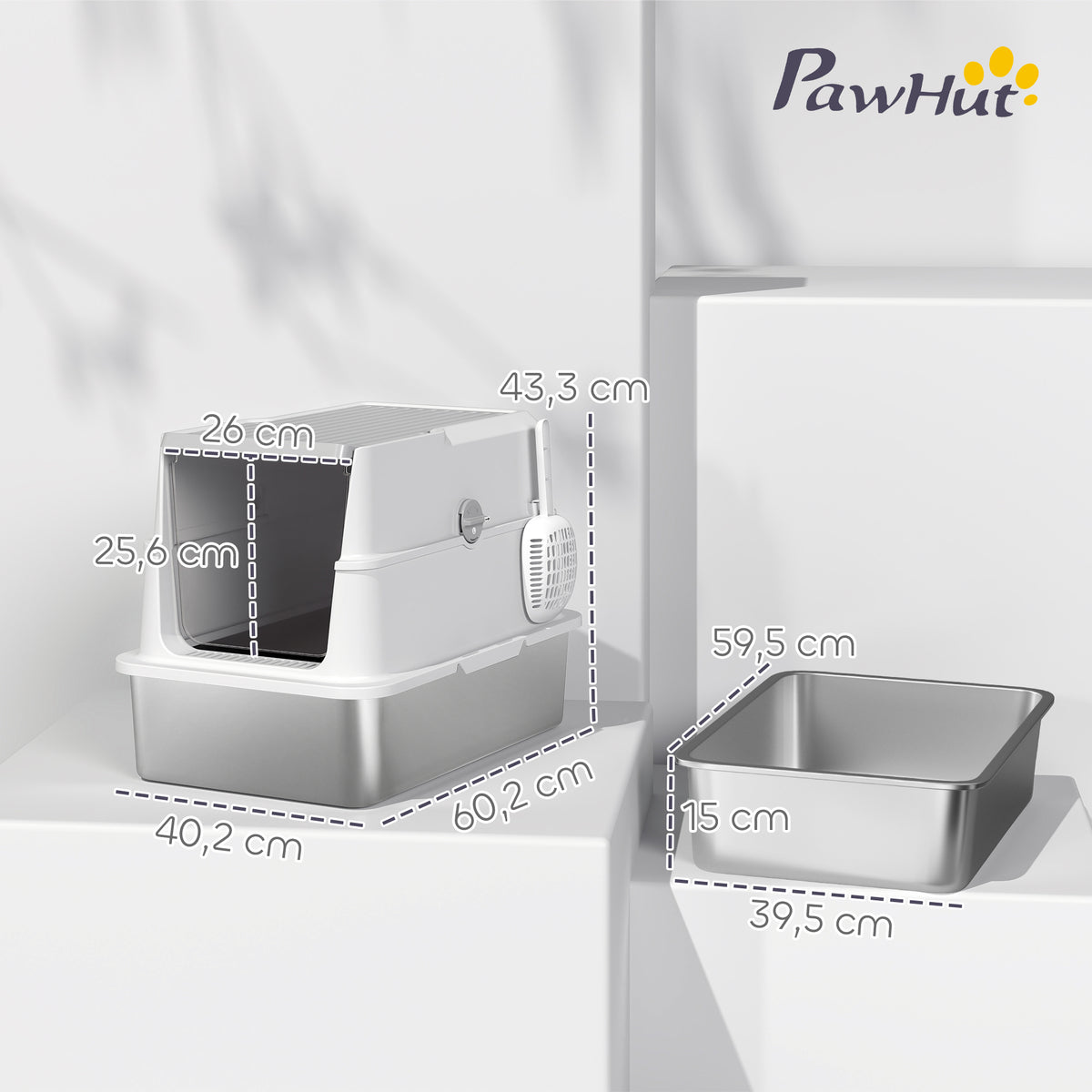 Bac à litière fermé XL en acier inoxydable, maison de toilette pour grand chat, 60,2 x 40,2 x 43,3 cm, gris clair-2