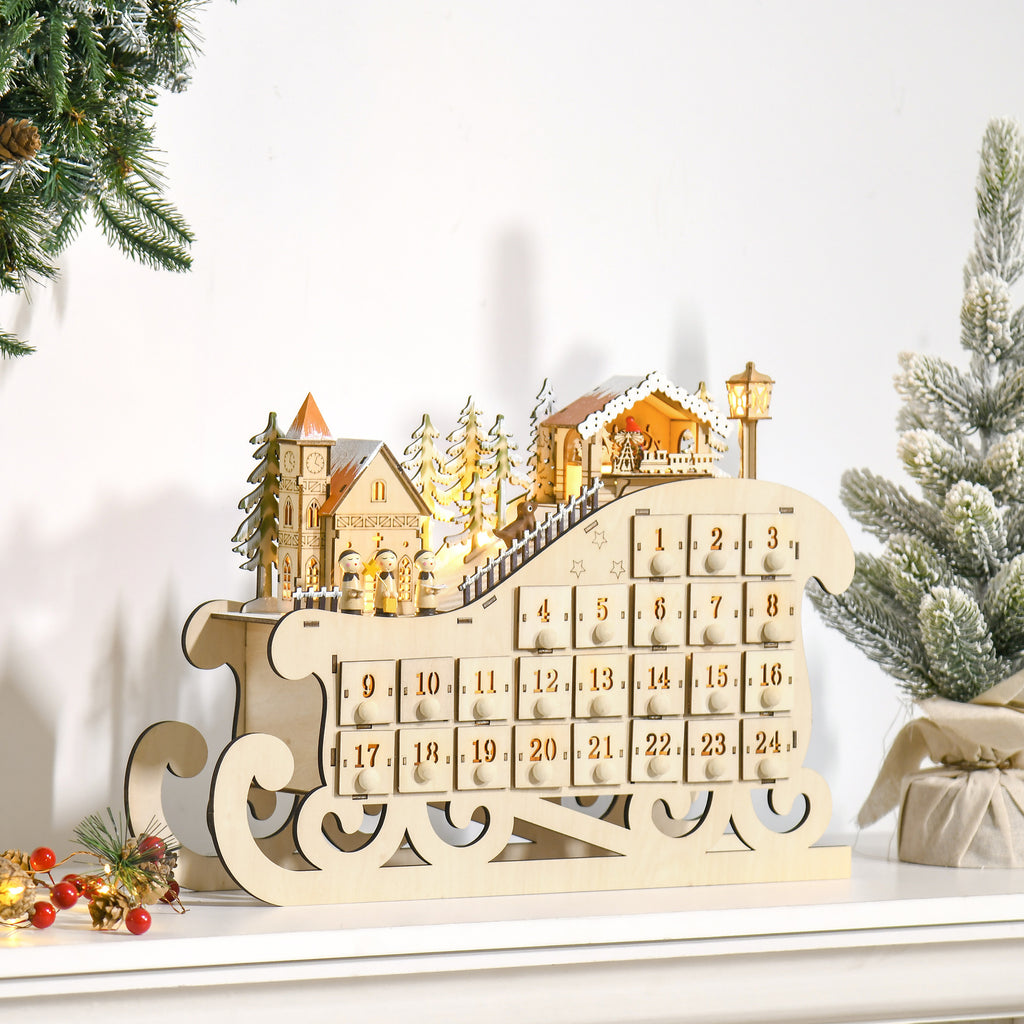 Calendrier avent bois Lumineux Frome traineau - 10 lumières Blanc Chaud - 24 tiroirs - décoration Lumineuse Noël-8