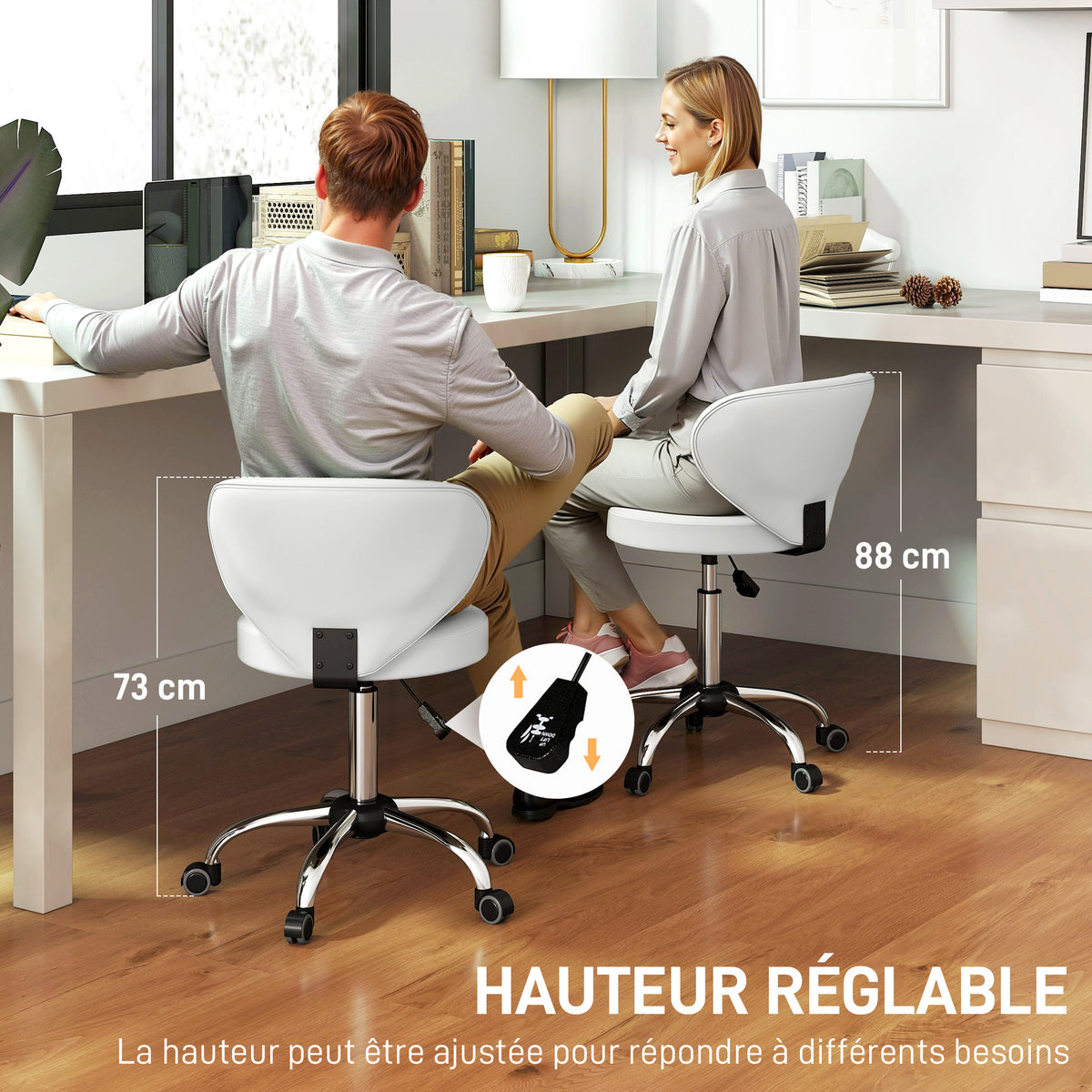 Tabouret à roulettes, tabouret de massage en PU avec hauteur réglable 73-88 cm et dossier, pivotant 360°, blanc-3