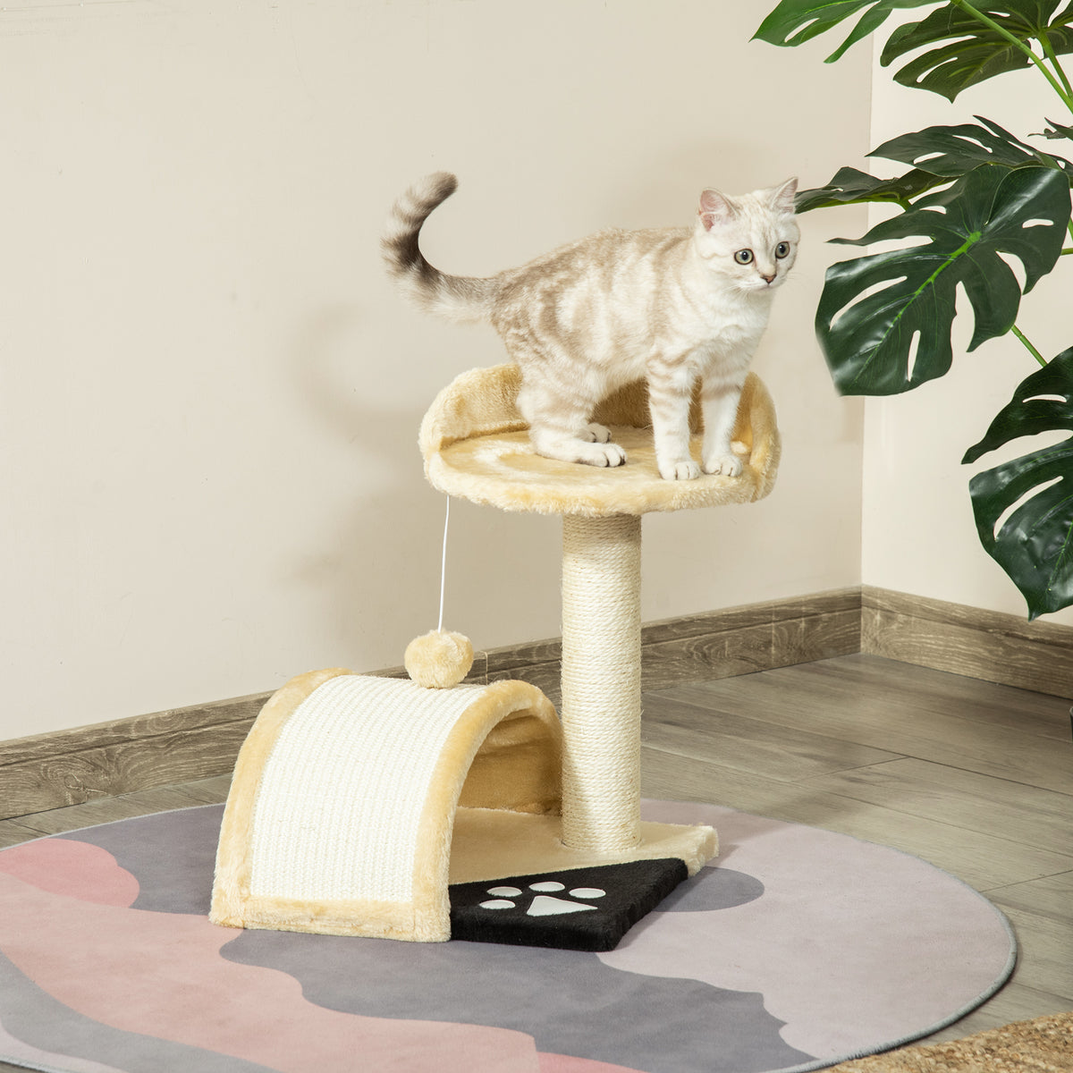 Arbre à chat griffoir grattoir design jeu boule suspendue + plateforme peluche sisal naturel beige-1