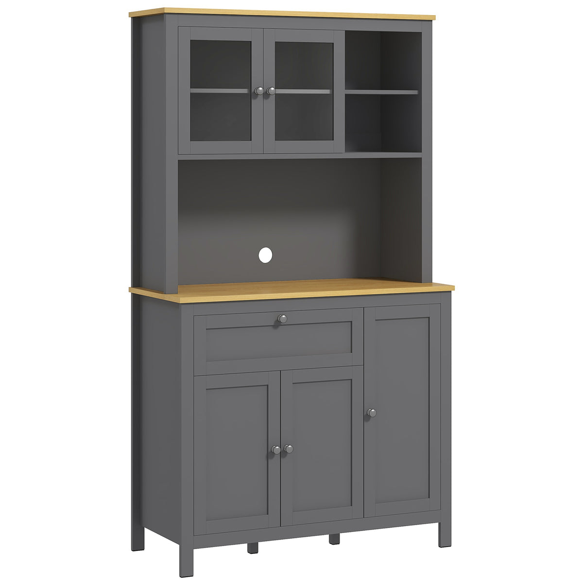 Armoire de cuisine buffet cuisine 5 portes dont 2 portes vitrées et 1 tiroir, 1 niche centrale - hauteur 180 cm gris-0