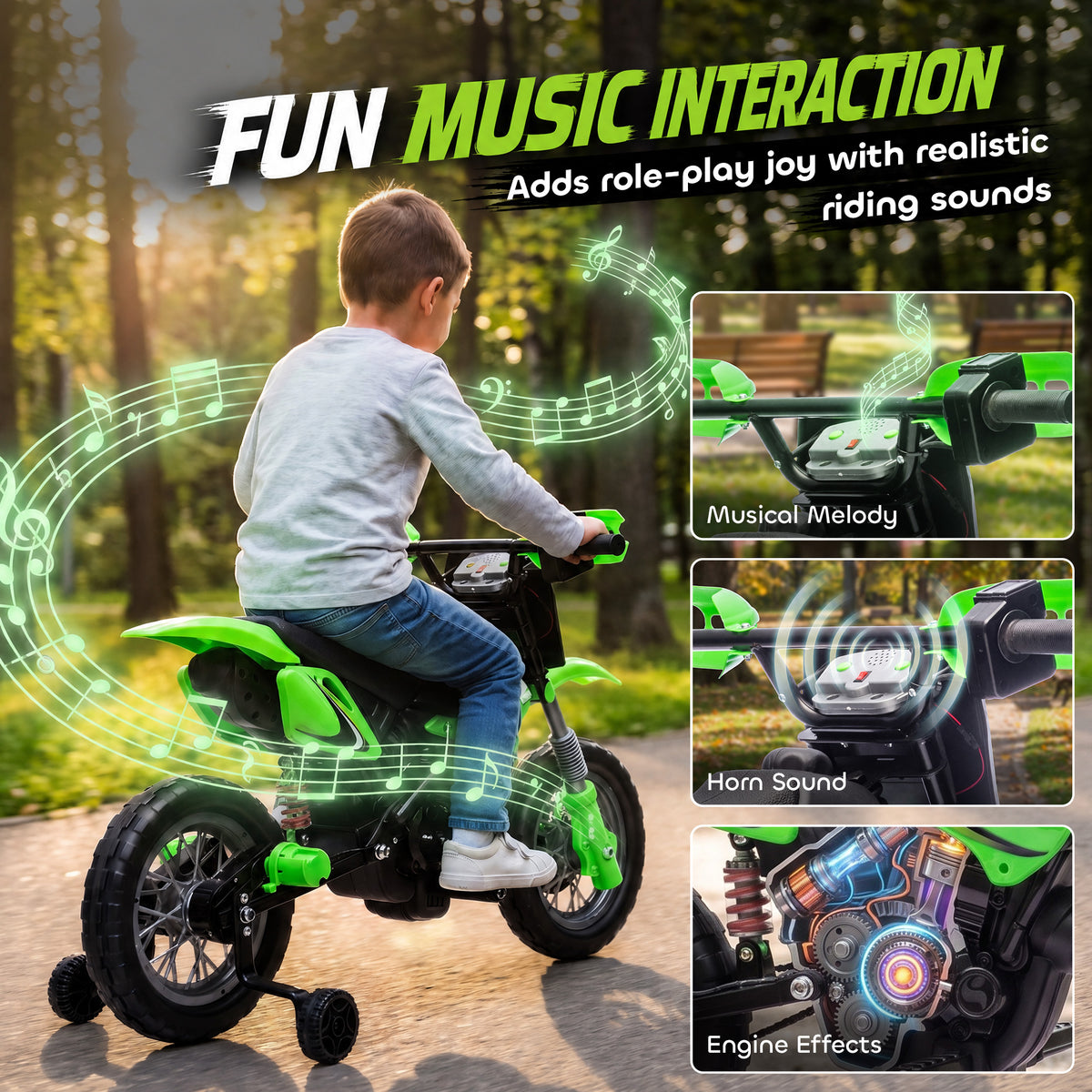 Moto Électrique Enfants 12 V, Vitesse Max 3 Km/h, Batterie au Lithium, Double Moteur, Suspension Arrière, Vert-8