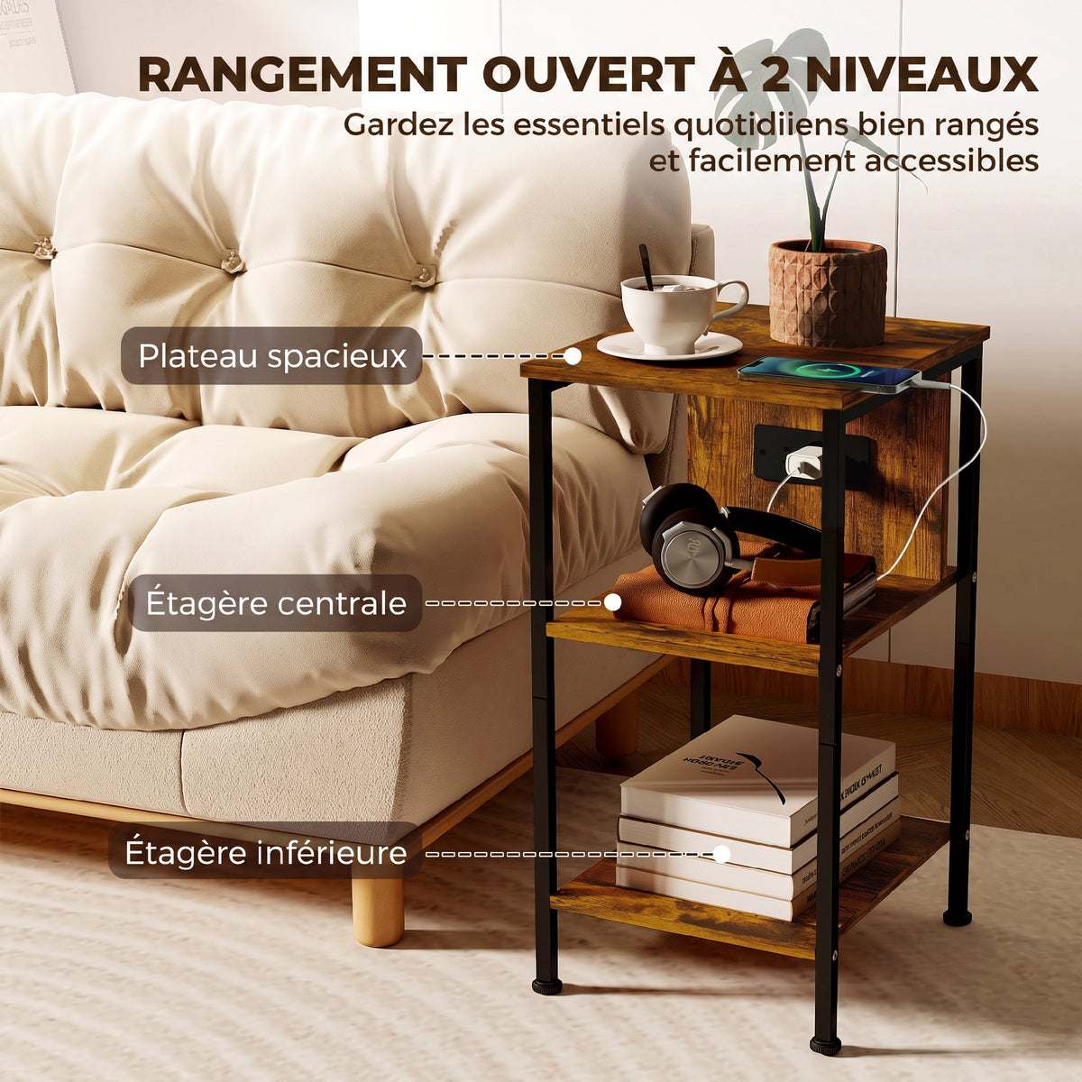 Table d'appoint avec station de charge, bout de canapé étroit avec 2 étagères ouvertes, style industriel, brun rustique-5