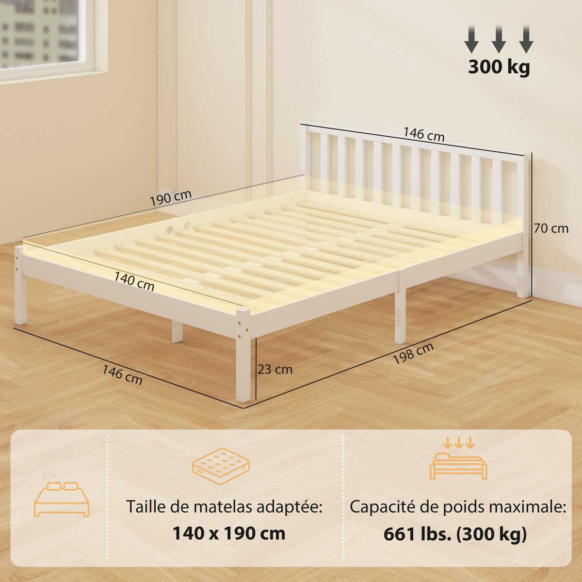 Cadre de lit en bois massif 140x190 cm lit simple avec tête de lit et sommier à lattes solide pour enfants adultes-2