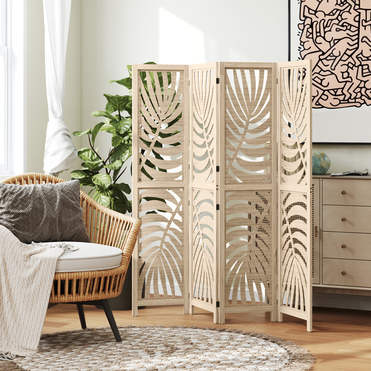 Paravent interieur en bois 4 panneaux 160 x 170 cm, pliable et portable, motif de feuille, design amovible, bois naturel-1