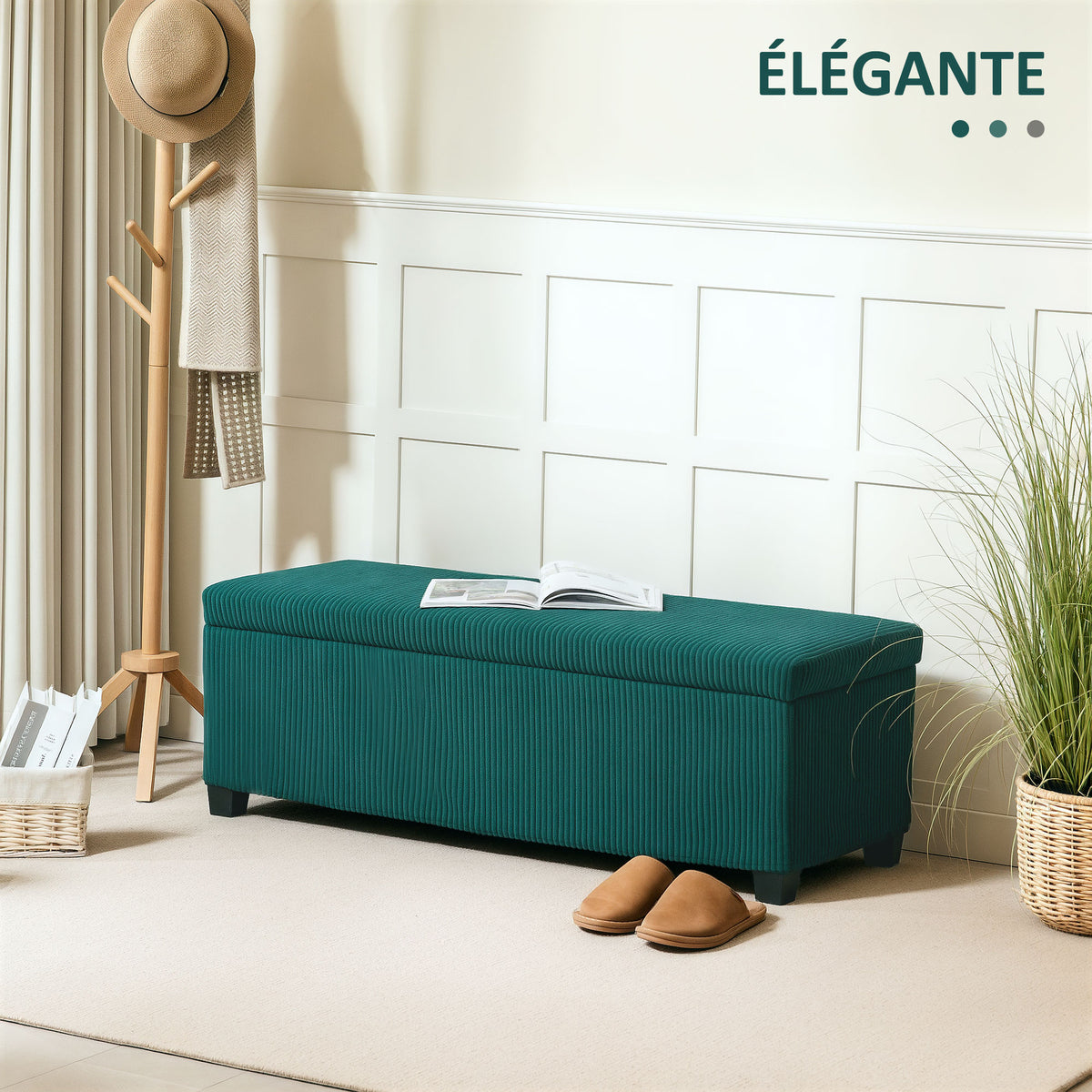 Banc de rangement bout de lit en velours côtelé avec couvercle, pour salon, chambre, entrée, 112 x 42 x 40 cm, vert-3