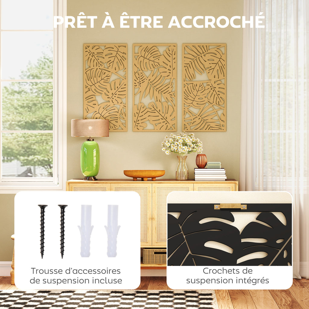 Ensemble de 3 Décorations Murales en Bois 3D, 40 x 80 cm, Feuilles Tropicales, Effet Bois Naturel-4