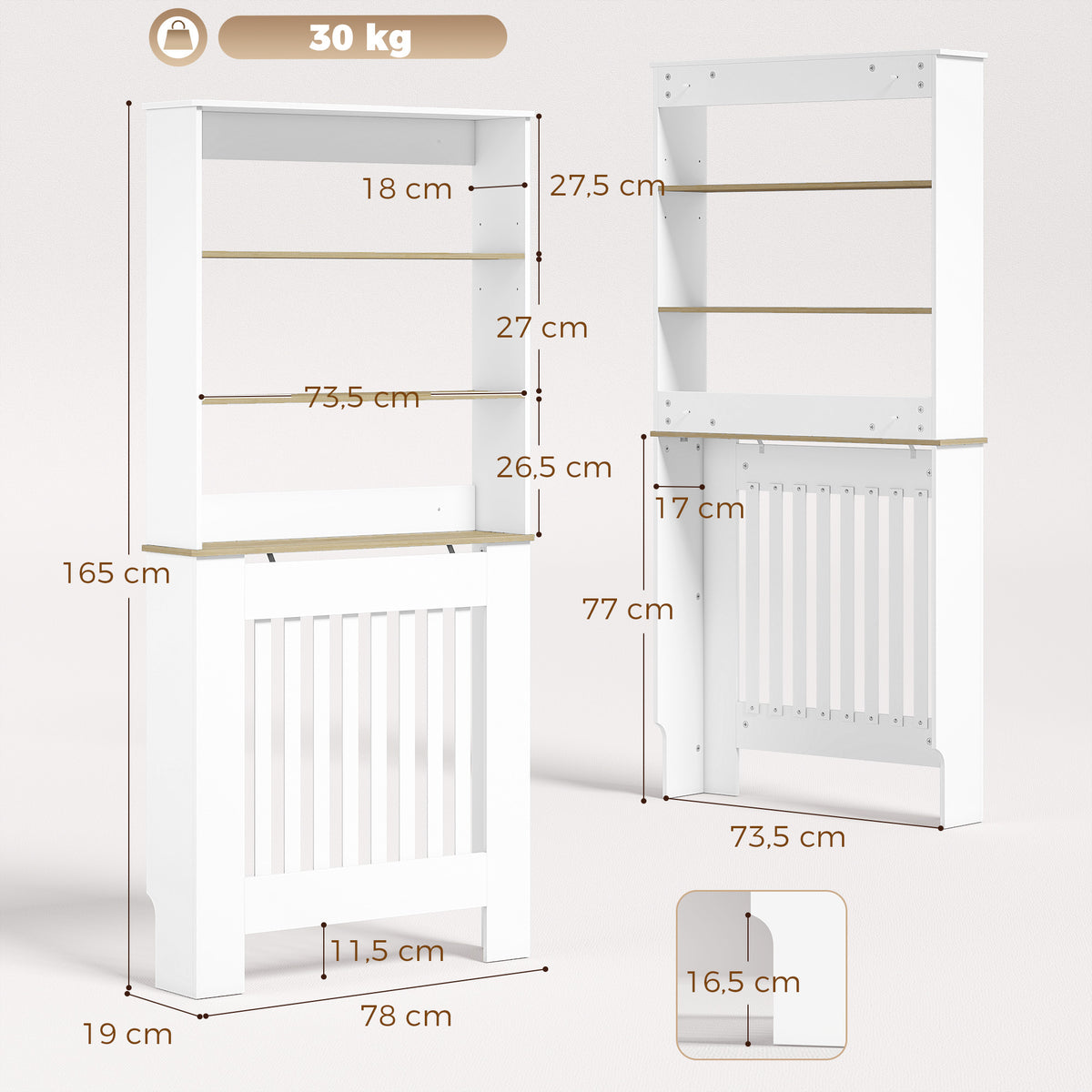Couvercle de Radiateur en Bois, Cache Radiateur Moderne à Lattes avec Étagères à 3 Niveaux, 78 x 19 x 165 cm, Blanc-2