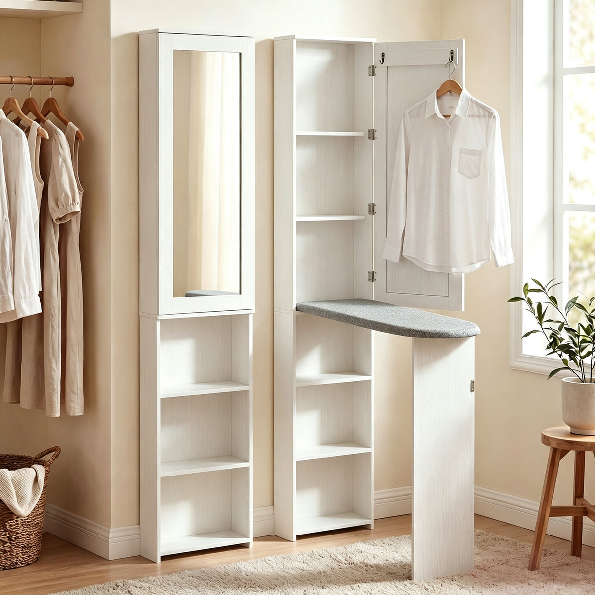 Armoire de Planche à Repasser Pliable avec Miroir, Armoire de Rangement avec 6 Compartiments, 2 Crochets, Blanc-1