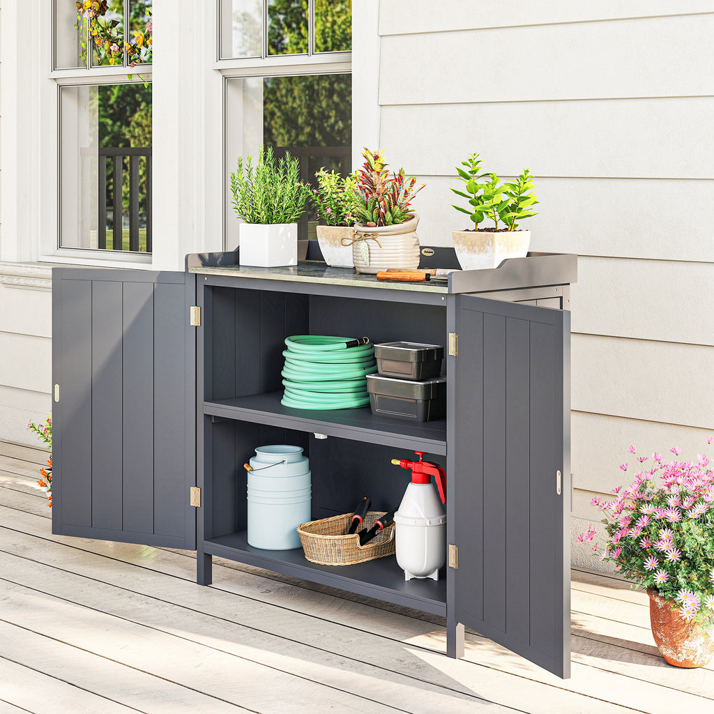 Armoire de rangement de jardin sur pied, table de rempotage 2 en 1 double porte, étagère, plateau métal galvanisé - gris-6
