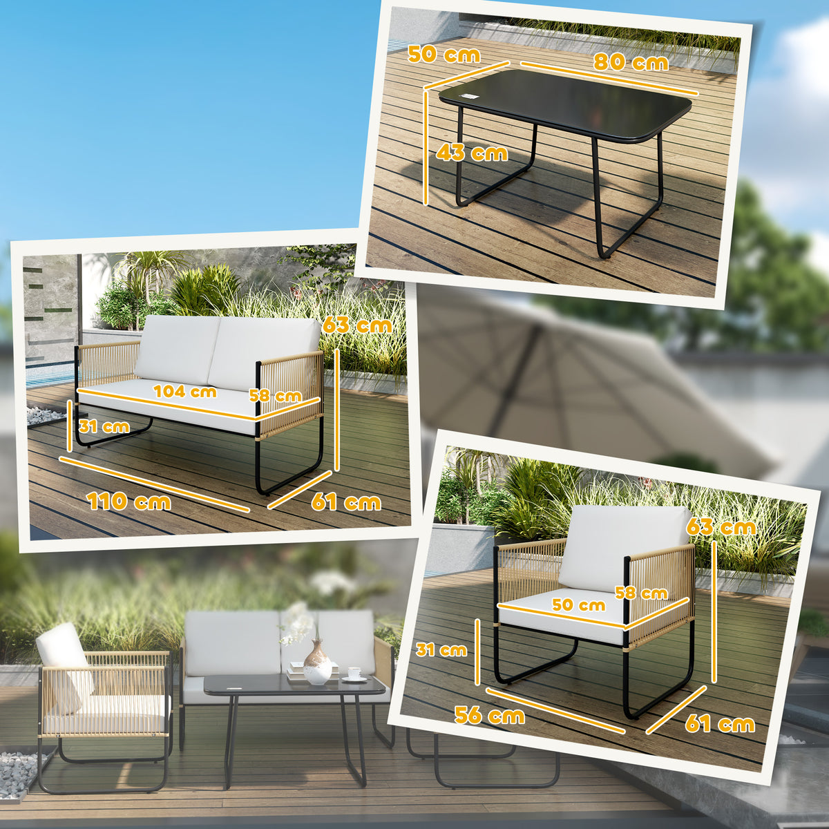 Salon de jardin 4 pièces avec canapé 2 places, 2 fauteuils, 1 table basse en verre et coussins – crème blanc-2