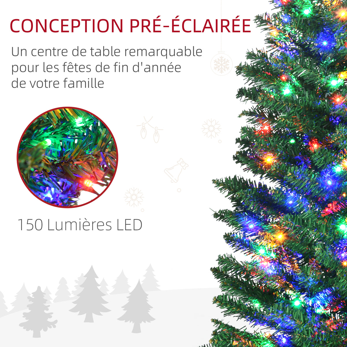 Sapin de Noël artificiel lumineux en forme de crayon 180 cm 150 lumières multicolores 390 branches base en acier vert-4