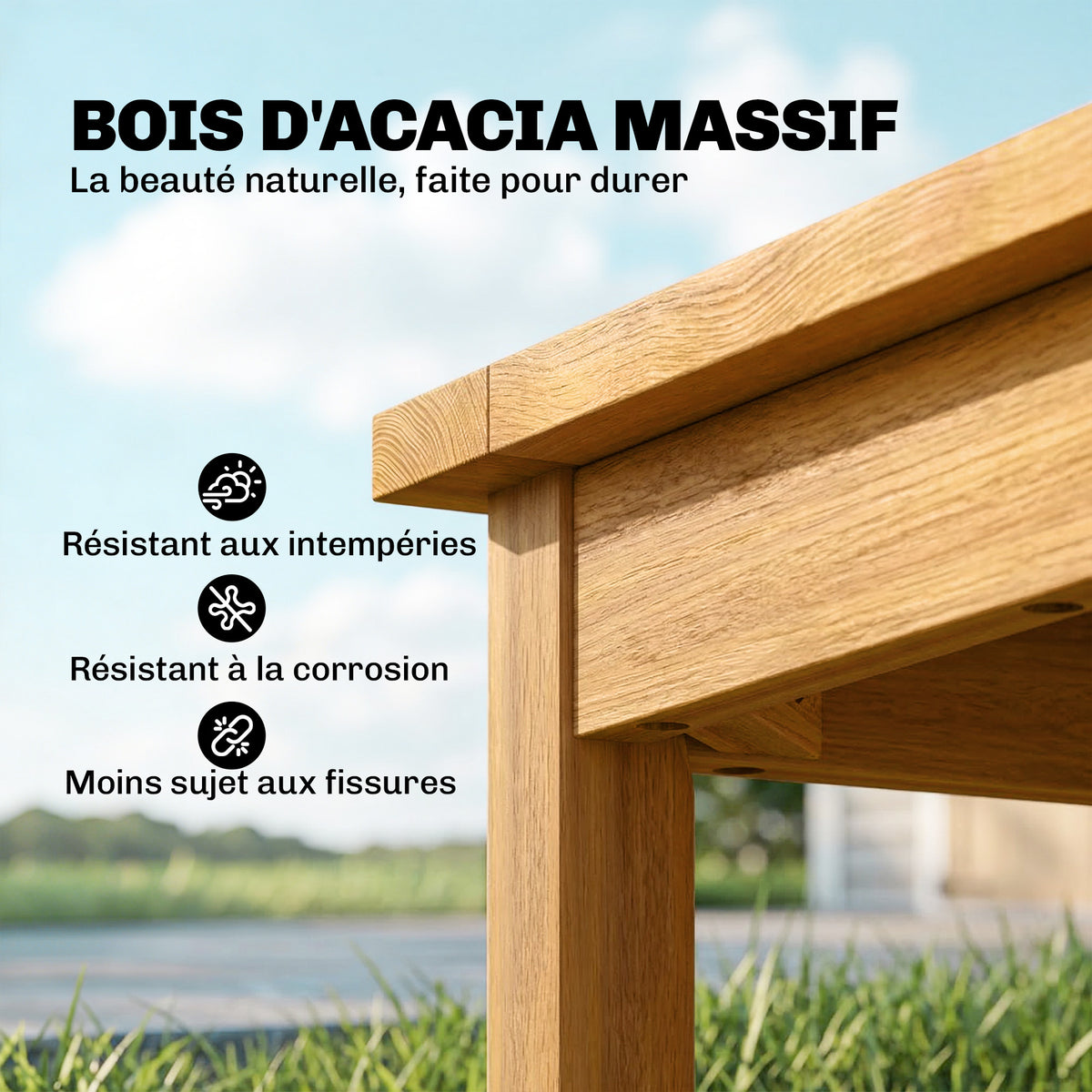 Table Basse de Jardin Carrée en Bois d'acacia Massif, avec Plateau à Lattes, Pieds Réglables, 48x48x46cm, Naturel-3
