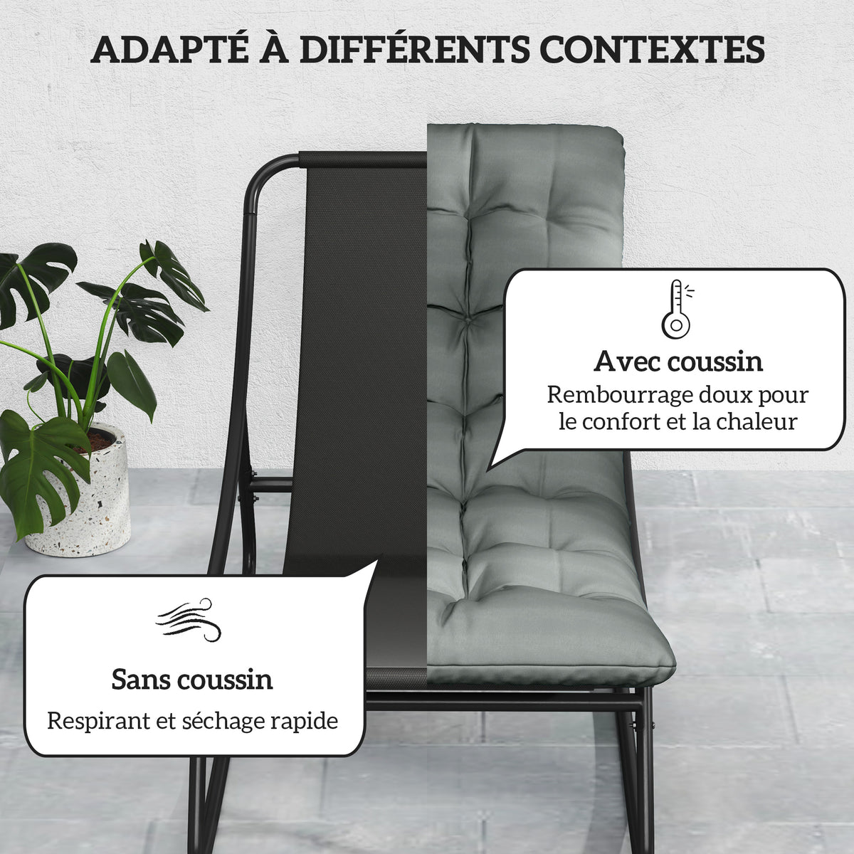 Lot de 2 fauteuils à bascule extérieur avec coussins épais, siège tissu textilène respirant et cadre en acier, gris-4