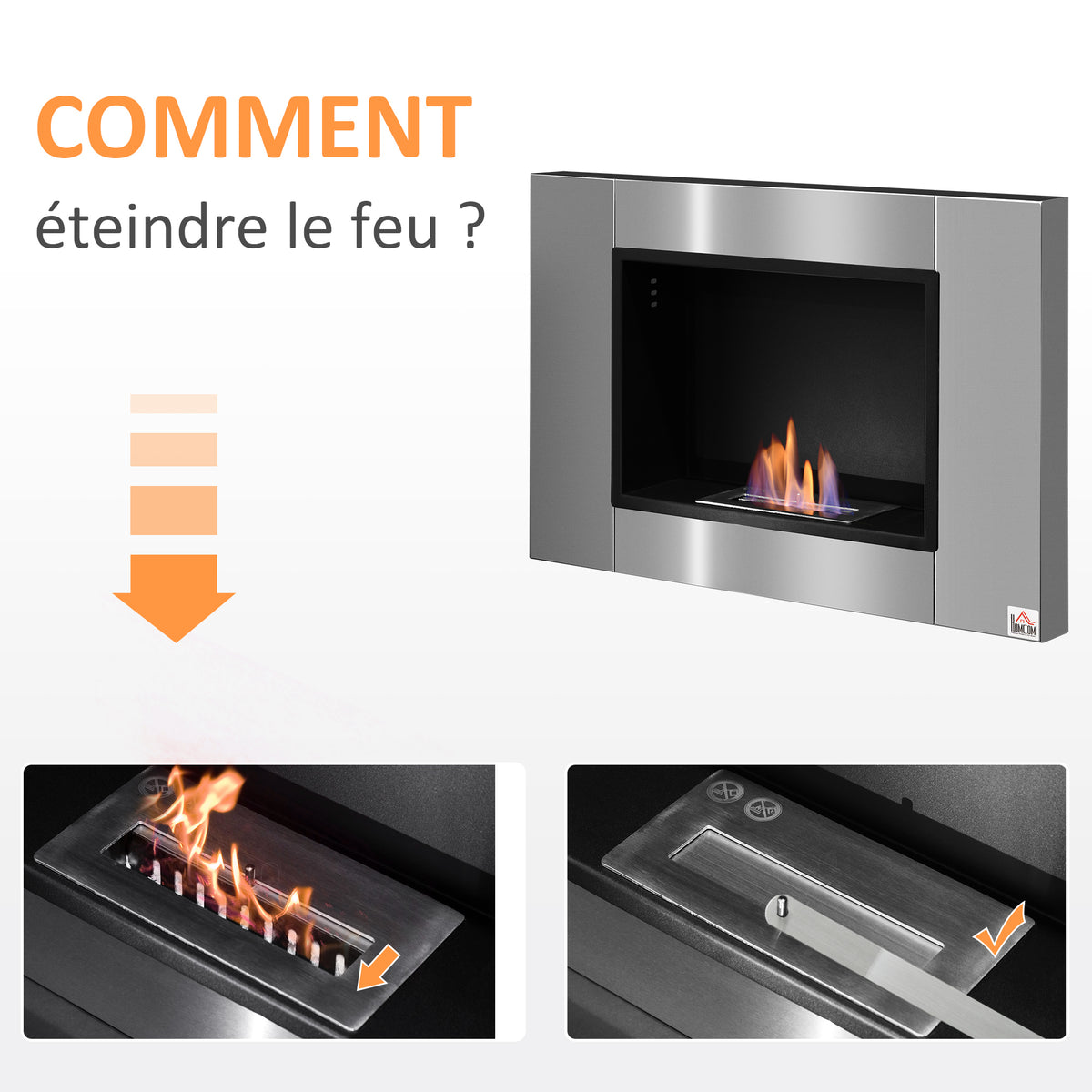 Cheminée bioéthanol Murale encastrable brûleur 0,9 L, environ 3 h de durée de combustion 80L x 14l x 54H cm Couverture 25-30 m² Acier inox-3