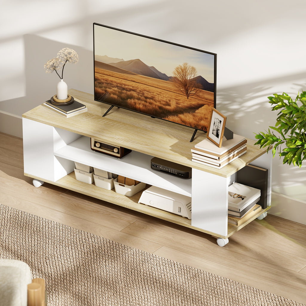 Meuble TV avec roulettes 120 cm, meuble télé pour téléviseur jusqu'à 55 pouces, 2 étagères ouvertes, blanc et naturel-7