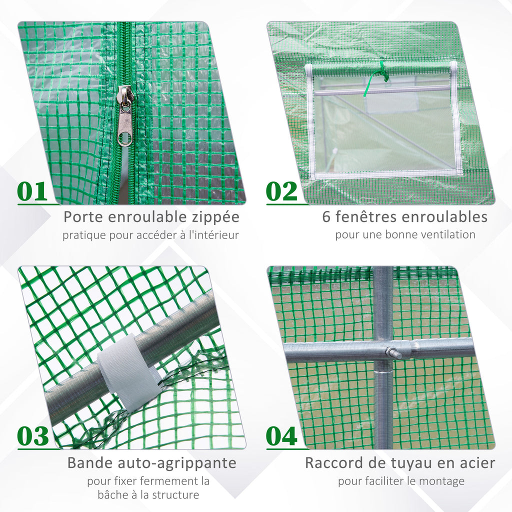 Serre Tunnel de Jardin 10,5 m² dim. 3,5L x 3l x 2H m Porte + 6 fenêtres enroulables Acier galvanisé bâche PE Haute densité Vert-4