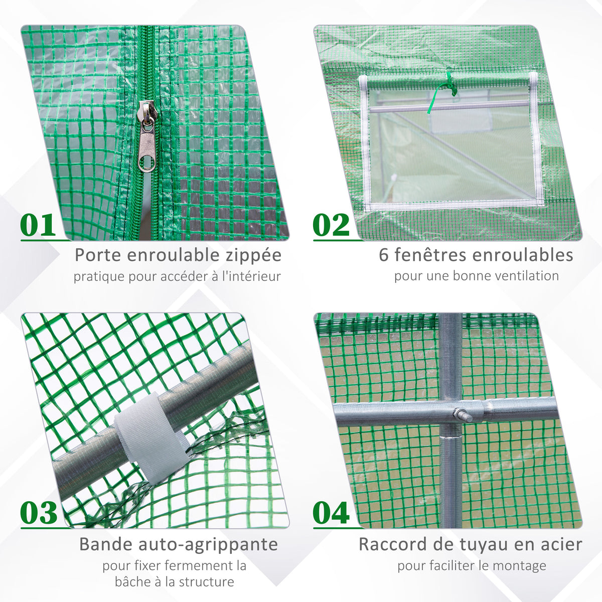 Serre Tunnel de Jardin 10,5 m² dim. 3,5L x 3l x 2H m Porte + 6 fenêtres enroulables Acier galvanisé bâche PE Haute densité Vert-4