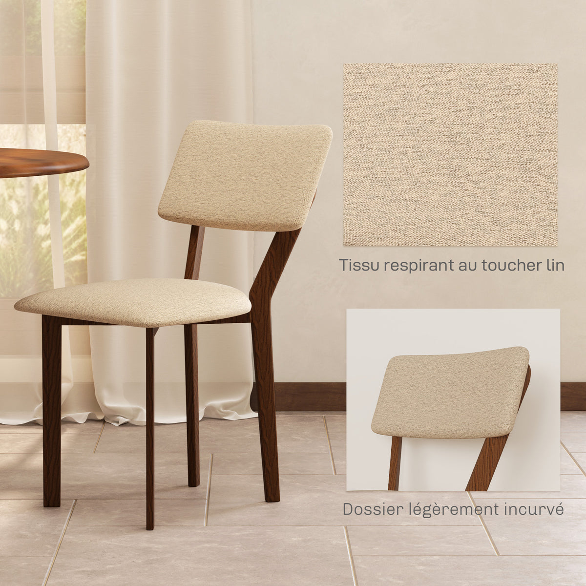 Lot de 2 chaises salle à manger chaises de cuisine avec dossier pieds en bois tissu effet lin 49 x 56 x 85 cm beige-4