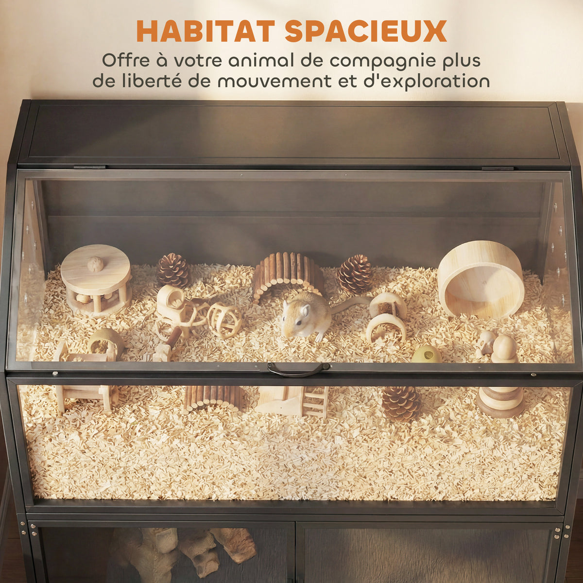 Cage Hamster 2-en-1 avec Armoire de Rangement pour Rongeur Hamster Syrien et Souris Acier et Acrylique Noir-3