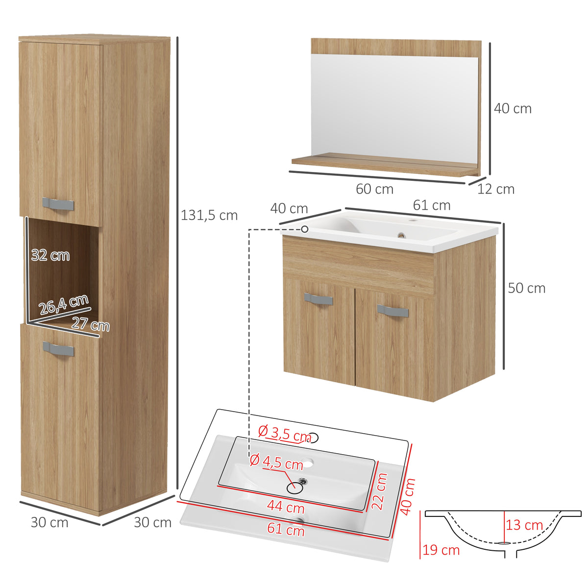 Ensemble de Meubles de Salle de Bain 4 Pièces, Mural, avec Miroir, Meuble sous Vasque, Lavabo et Armoire Haute, Naturel-2